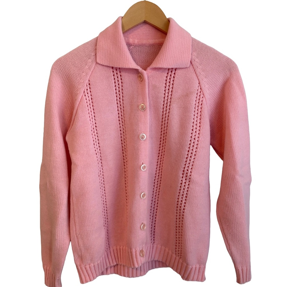 Vintage Pink Knit Collared Cardigan Womens Medium Retro Preppy Button Down Cozy